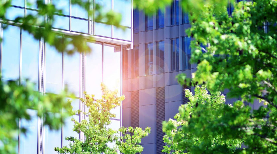 a building with solar panel windows with trees in front of it