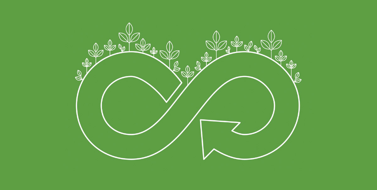 graphique du signe infini avec flèche et plantes représentant l'économie circulaire